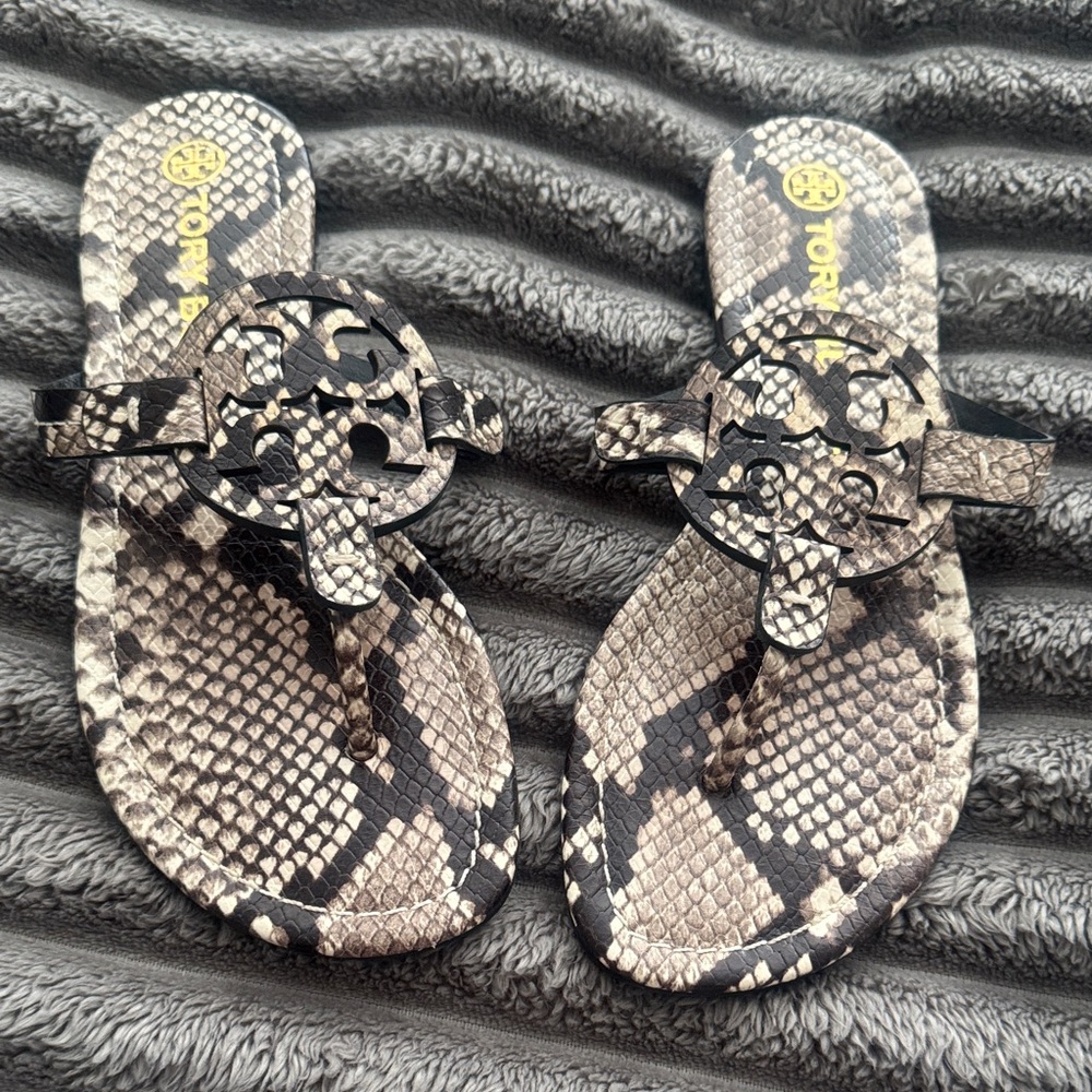 Tory Burch Black and Tan Snake Print Sandals